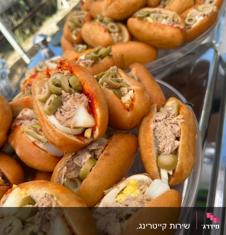 כריכים קטנים עם טונה, ביצה וזיתים על מגש